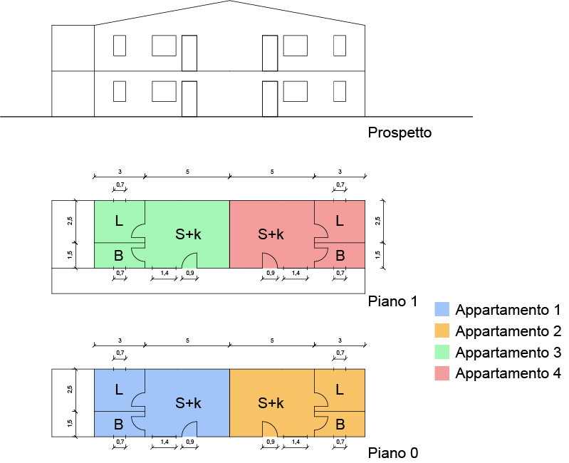 Calcolo isolamento acustico - Pianta e prospetto dell'immobile utilizzato per il calcolo dell'isolamento acustico