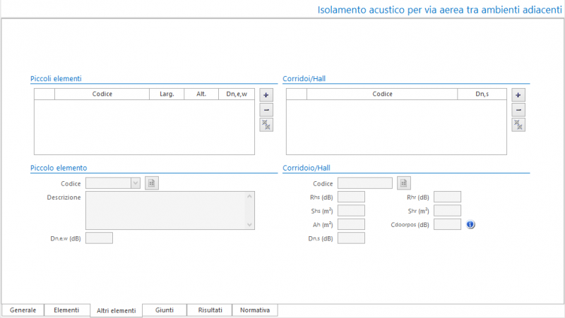 Valutazione preventiva prestazioni acustiche - Maschera degli altri elementi del calcolo isolamento acustico per via aerea