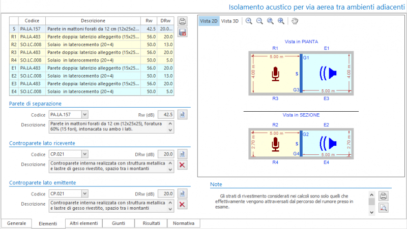 Valutazione preventiva prestazioni acustiche - Maschera degli elementi del calcolo isolamento acustico per via aerea