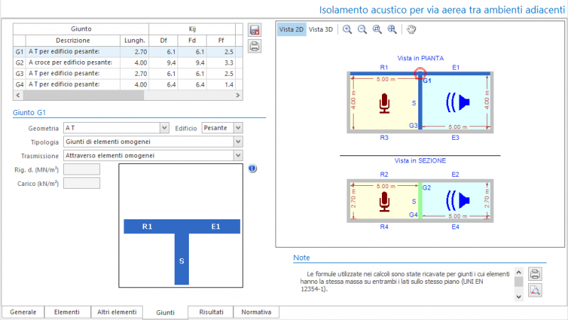Valutazione preventiva prestazioni acustiche - Maschera dei giunti del calcolo isolamento acustico per via aerea