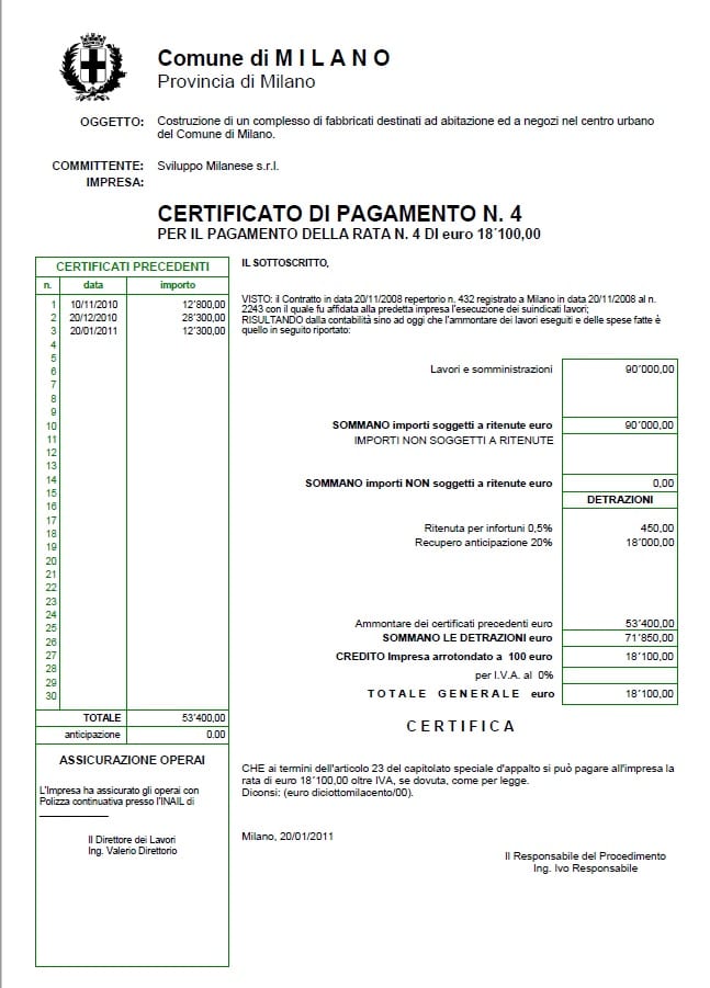 Esempio certificato di pagamento