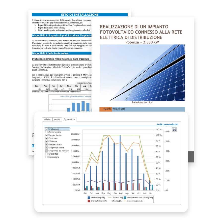 Produci in automatico dal progetto fotovoltaico relazioni tecniche ed economiche elaborati grafici e documenti | Solarius-PV | ACCA software