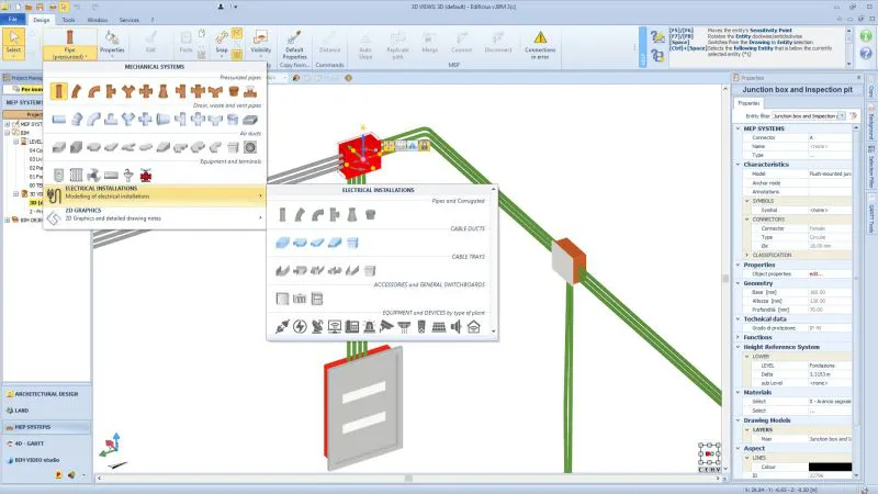 Menu des éléments MEP issu du logiciel Edificius conception CVC, Plomberie et Electricité | Edificius MEP | ACCA software