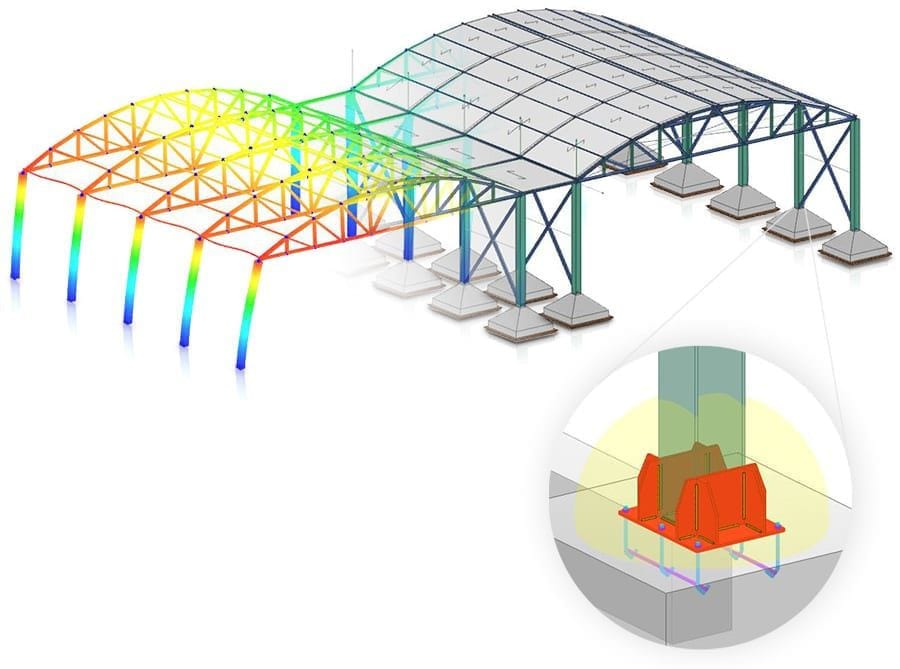 Grafische 3D-Ansicht der Ergebnisse mit Farbzuordnung von Verschiebungen, Beanspruchungen, Spannungen | EdiLus STEEL | ACCA software